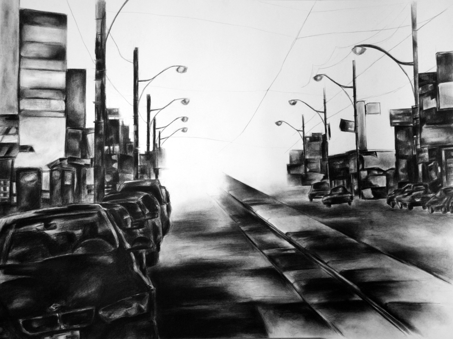 Charcoal drawing of Toronto city street