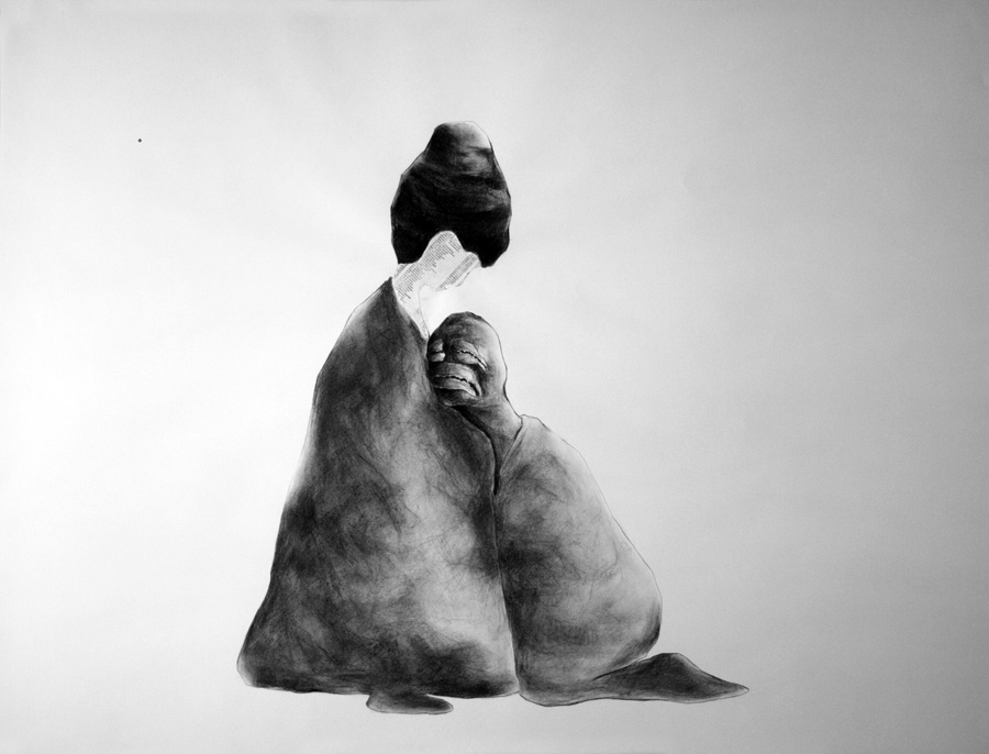 Charcoal image of masked character leaning on afro figure