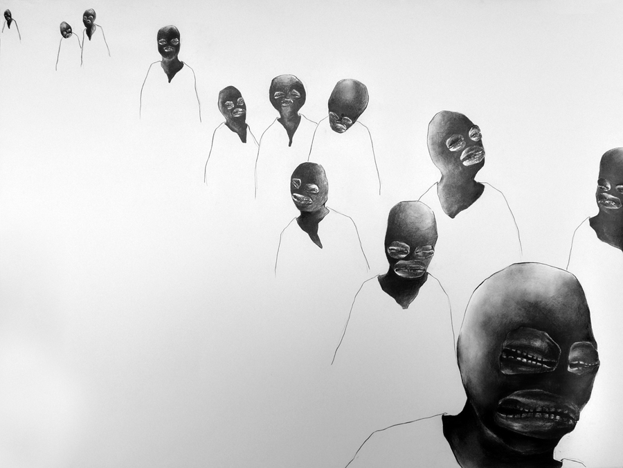 Charcoal image of figures with masks walking in a row