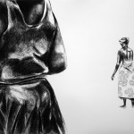 Charcoal drawing of woman in foreground and woman wrapped in African cloth walking in background