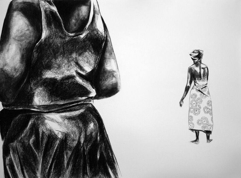 Charcoal drawing of woman in foreground and woman wrapped in African cloth walking in background